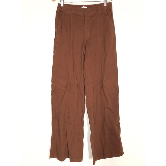 bp Pants Cotton Blend Utility High Rise Wide Leg Cargo Trouser Brown Fondant 26 - Picture 3 of 8